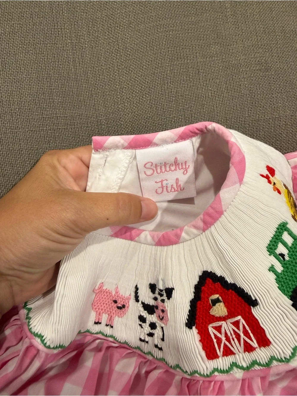 Stitchy Fish Pink Gingham Smocked Farm Dress